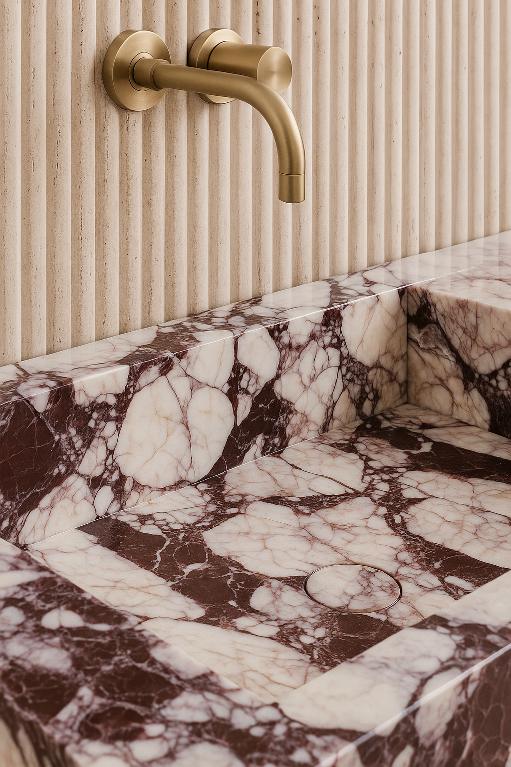 Lavabo de mármol Calacatta Viola con grifería de latón satinado y pared estriada – detalle de interiorismo de Vilaplana Studio